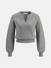 Cable Knit V-neck Puff Sleeve Sweater